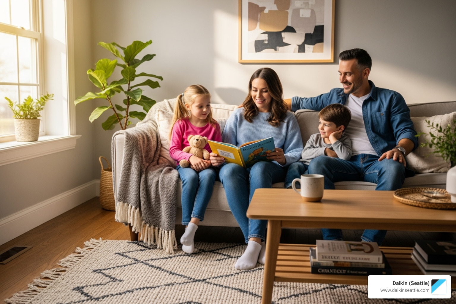 of a family relaxing comfortably in their living room - daikin dehumidifier installation seattle