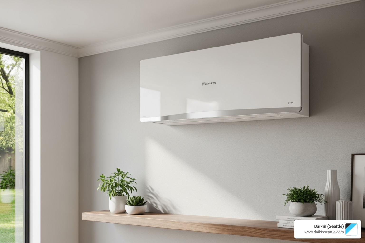 A sleek, modern Daikin FIT ductless heat pump unit installed in a home - daikin sustainability seattle