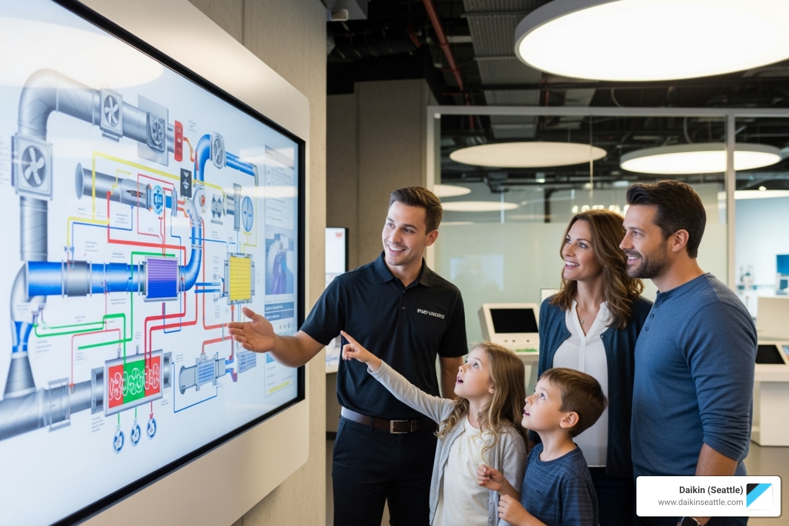 A guide explaining a system diagram to a family at the Daikin Seattle Experience Center - daikin sustainability seattle