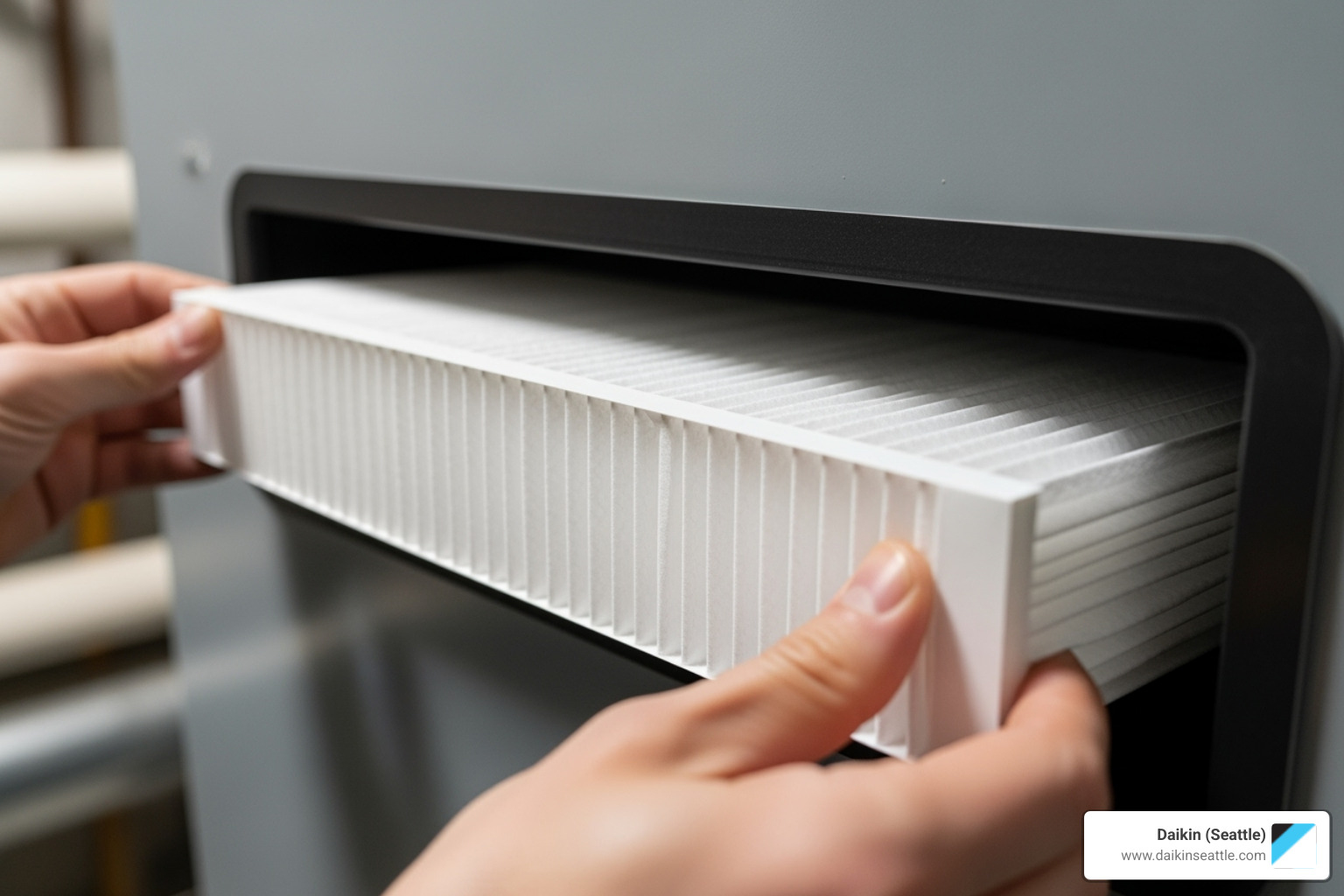 A clean AC filter being installed - ac repair tukwila wa