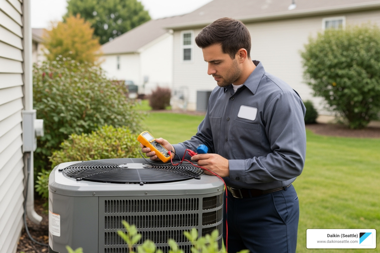 A professional technician diagnosing an outdoor AC unit - ac repair tukwila wa