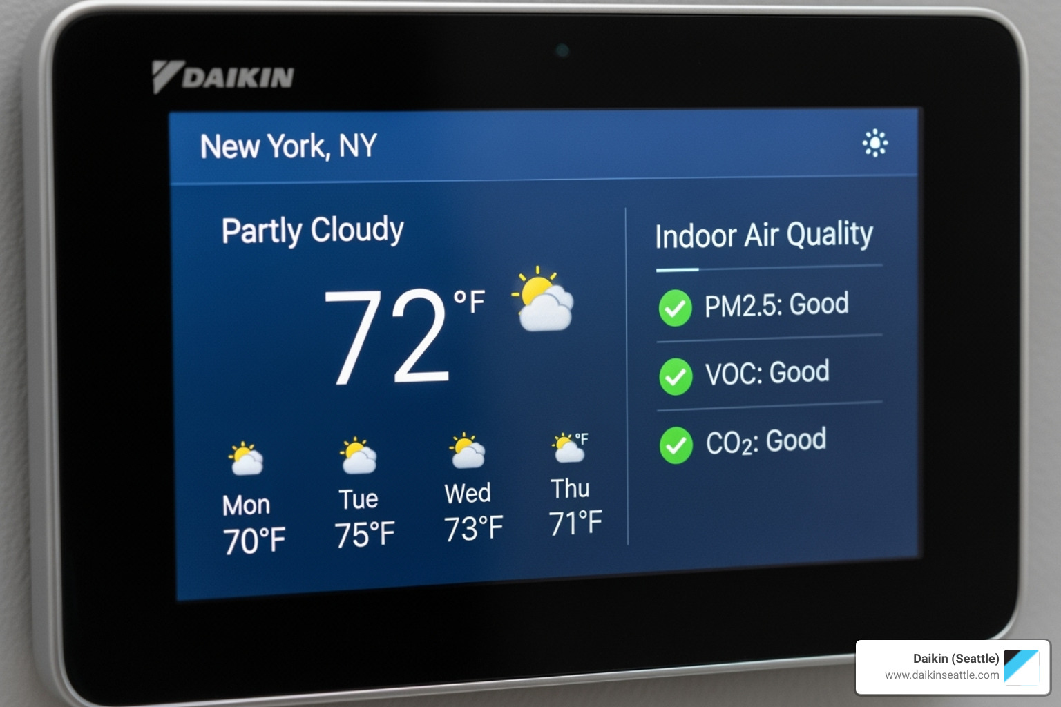 Daikin One+ Smart Thermostat interface showing weather and air quality - daikin smart thermostat installation seattle Daikin One+ Smart Thermostat interface showing weather and air quality - daikin smart thermostat installation seattle