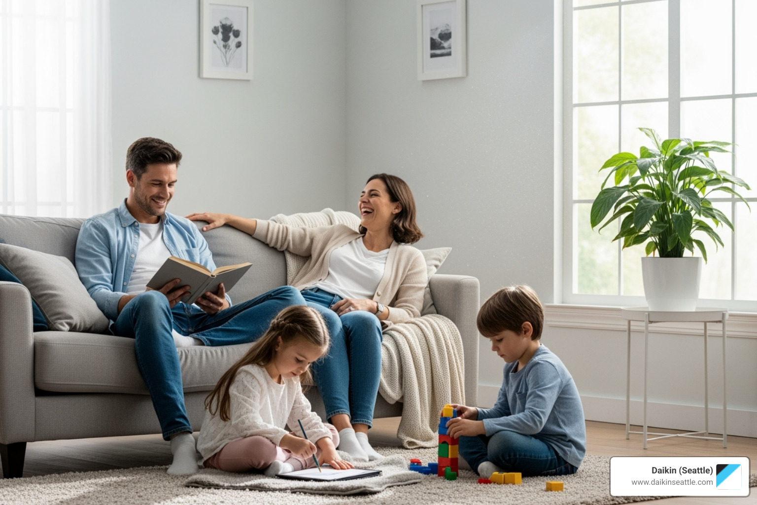 Family breathing clean air in their home - daikin smart thermostat installation seattle Family breathing clean air in their home - daikin smart thermostat installation seattle