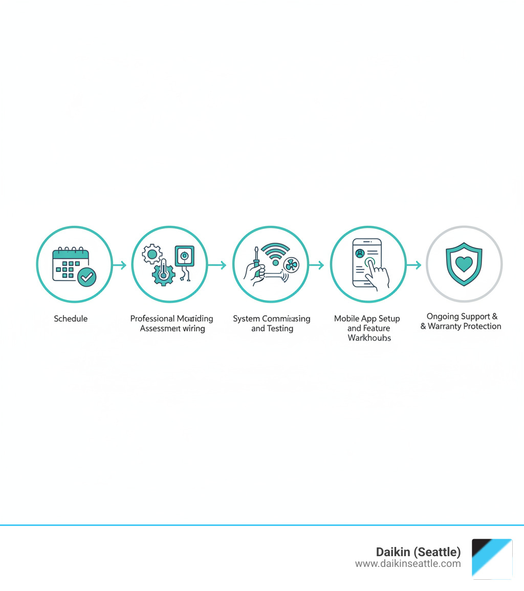 Infographic showing the Daikin smart thermostat installation process: 1) Schedule consultation with certified installer, 2) System compatibility assessment, 3) Professional mounting and wiring, 4) System commissioning and testing, 5) Mobile app setup and feature walkthrough, 6) Ongoing support and warranty protection - daikin smart thermostat installation seattle infographic  Infographic showing the Daikin smart thermostat installation process: 1) Schedule consultation with certified installer, 2) System compatibility assessment, 3) Professional mounting and wiring, 4) System commissioning and testing, 5) Mobile app setup and feature walkthrough, 6) Ongoing support and warranty protection - daikin smart thermostat installation seattle infographic