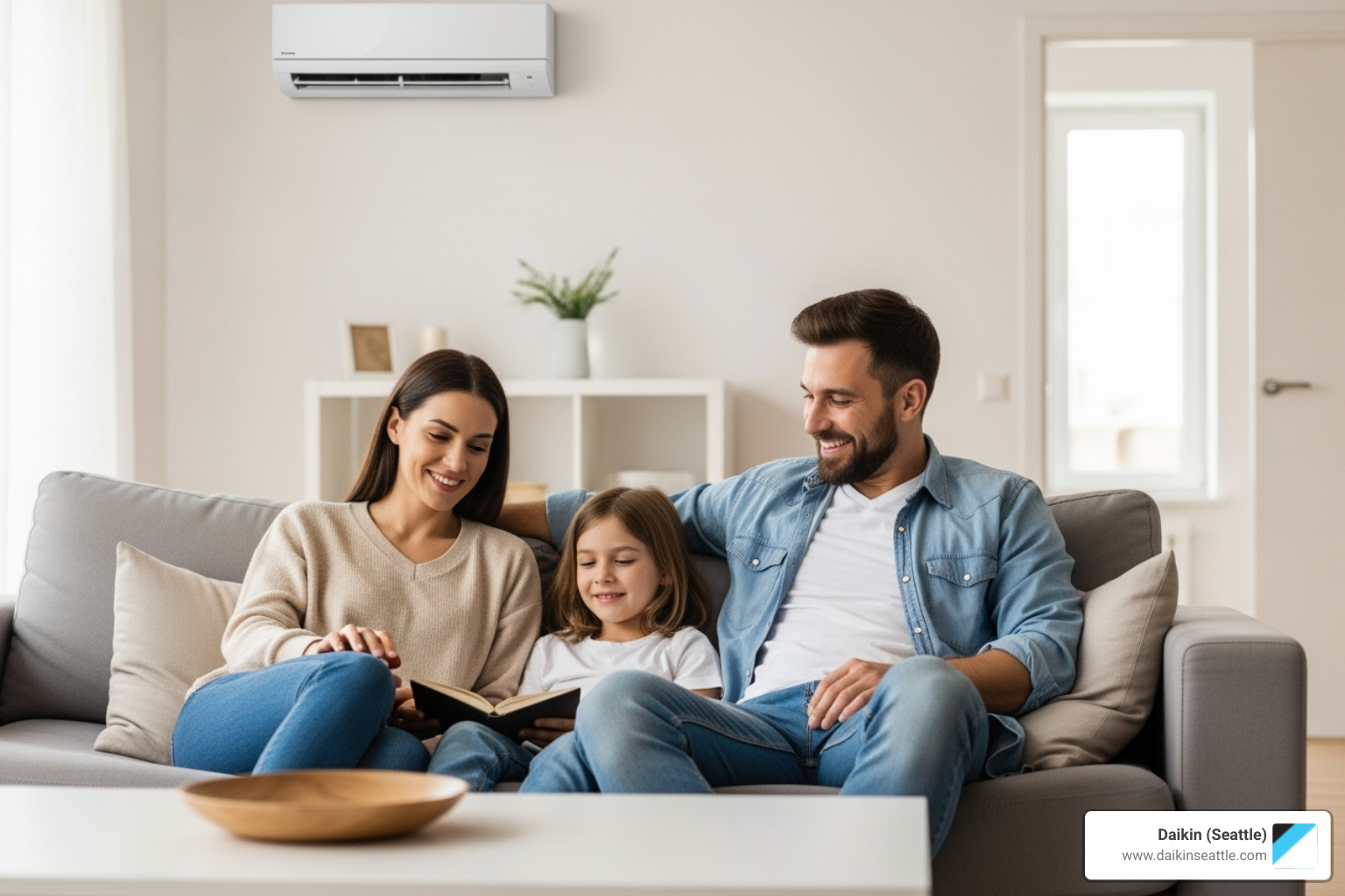 a family comfortably relaxing in their living room, highlighting a quiet and unobtrusive indoor unit - daikin ductless system seattle wa a family comfortably relaxing in their living room, highlighting a quiet and unobtrusive indoor unit - daikin ductless system seattle wa