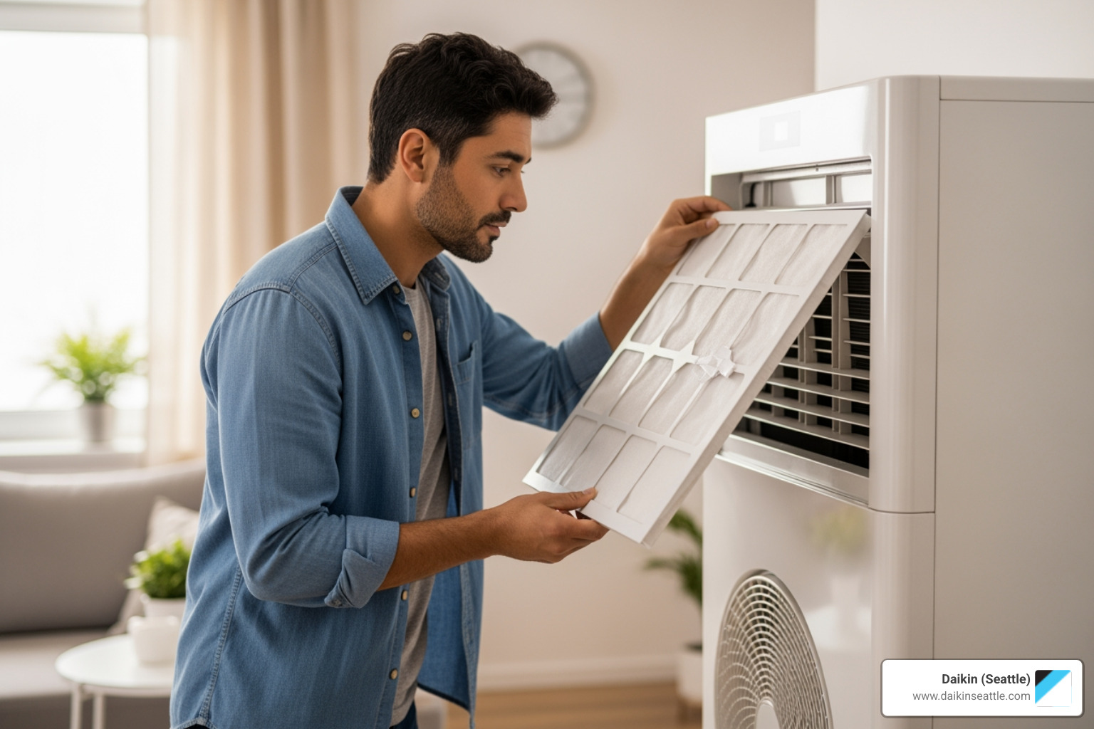 homeowner inspecting and changing a heat pump's air filter - heat pumps leaking water in mill creek wa