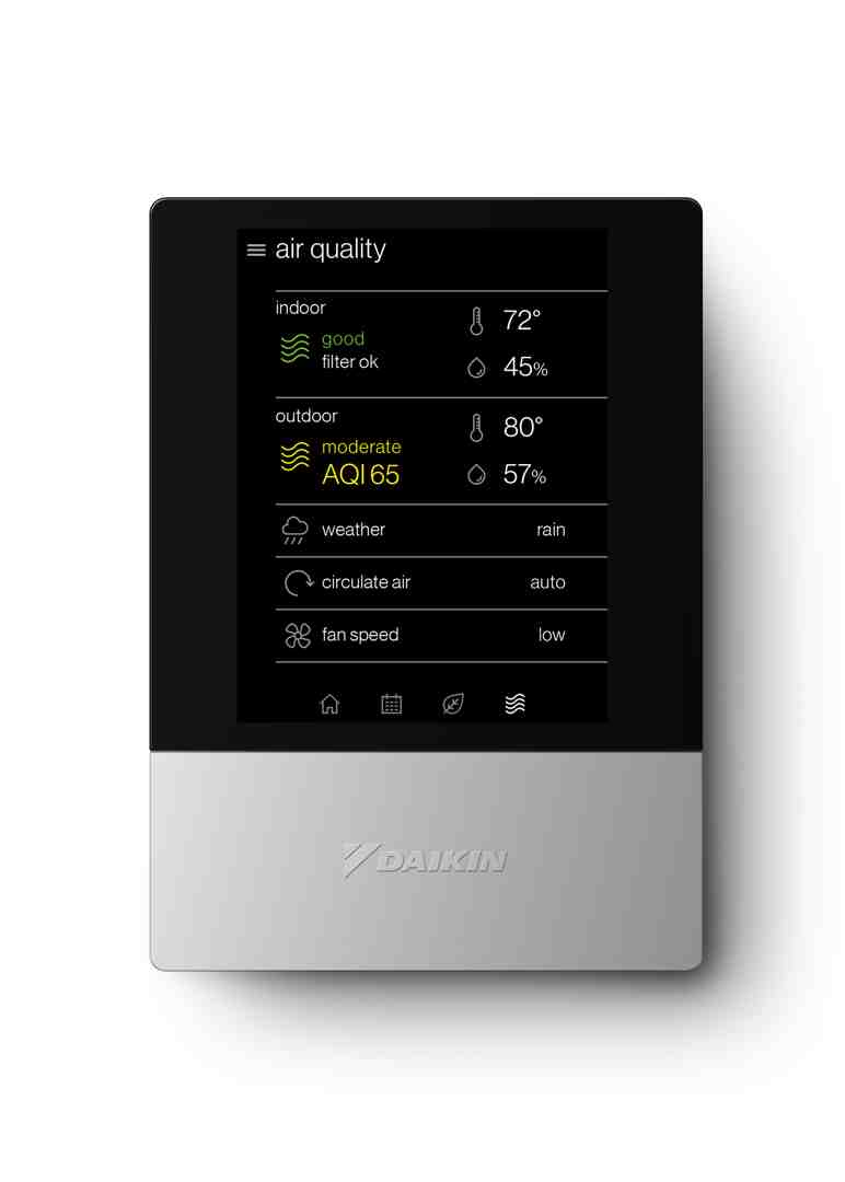 Daikin One+ smart thermostat displaying air quality levels - daikin indoor air quality system benefits Daikin One+ smart thermostat displaying air quality levels - daikin indoor air quality system benefits