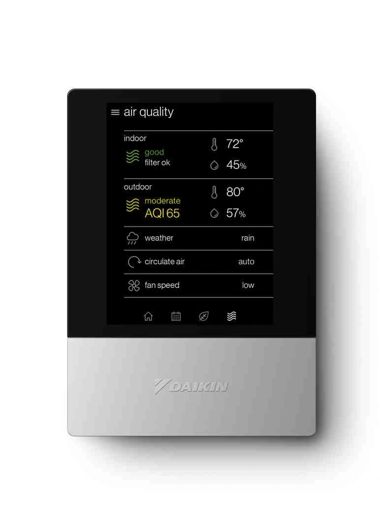Daikin One+ Smart Thermostat showing temperature and air quality data - how daikin connected home technology works together