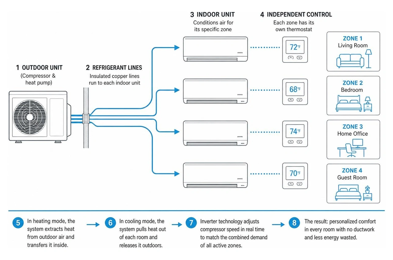 Diagram showing how a single outdoor unit routes refrigerant to multiple indoor units across different zones Diagram showing how a single outdoor unit routes refrigerant to multiple indoor units across different zones