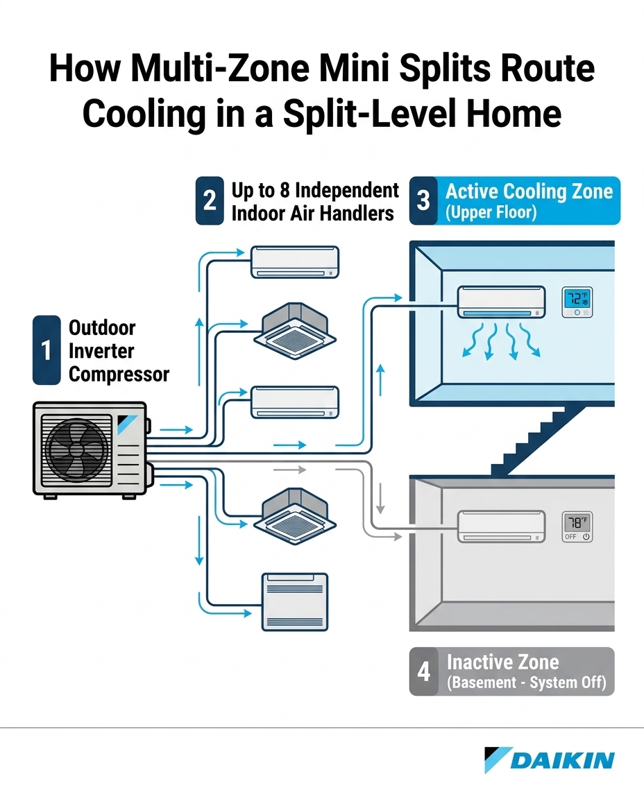 How Multi-Zone Mini Splits Route Cooling in a Split-Level Home