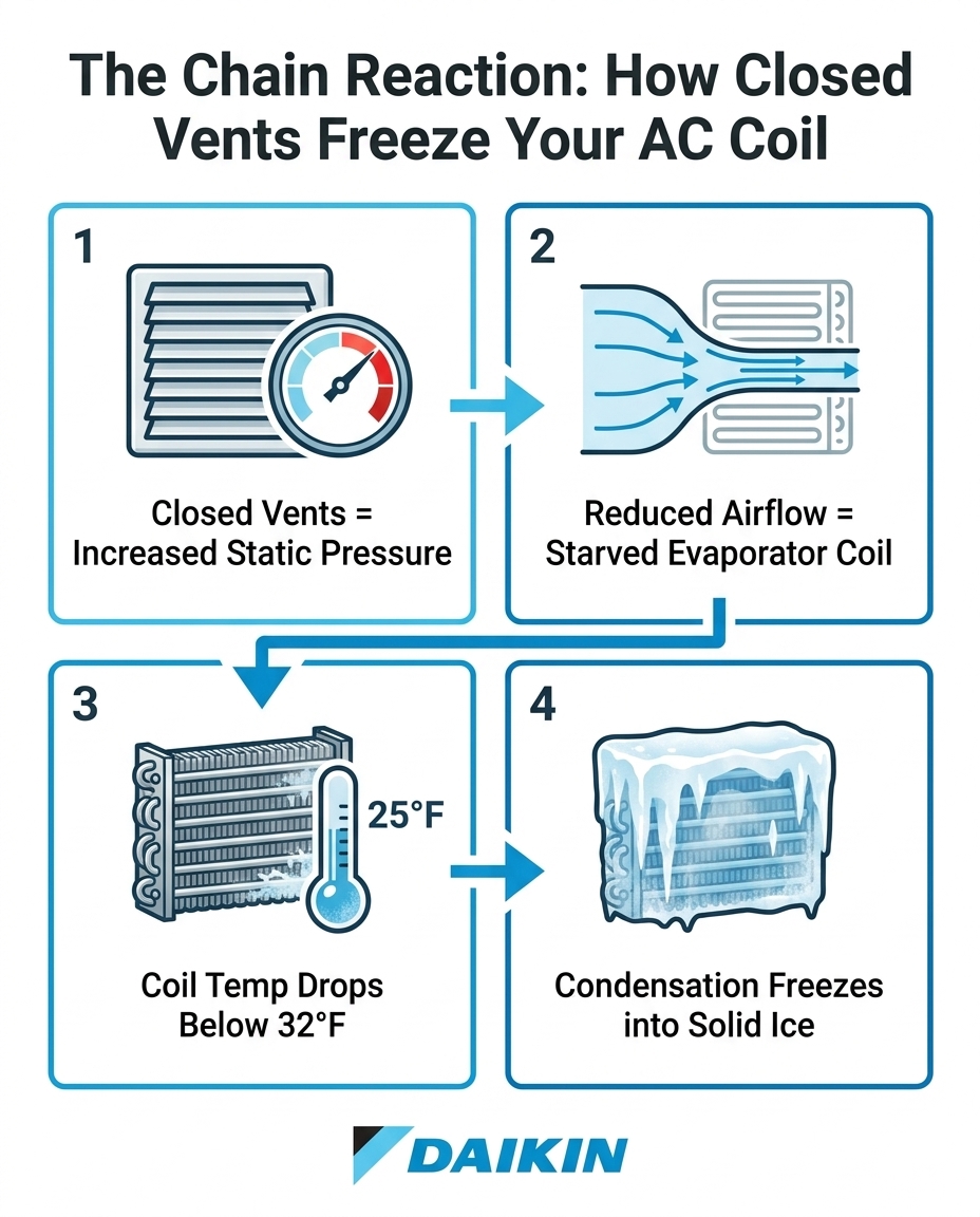 The Chain Reaction: How Closed Vents Freeze Your AC Coil