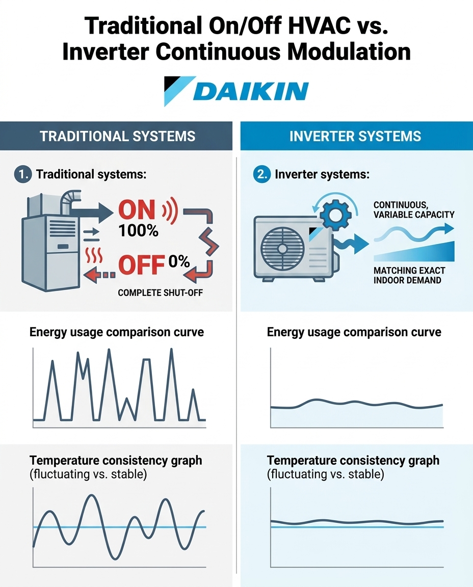 Traditional On/Off HVAC vs. Inverter Continuous Modulation
