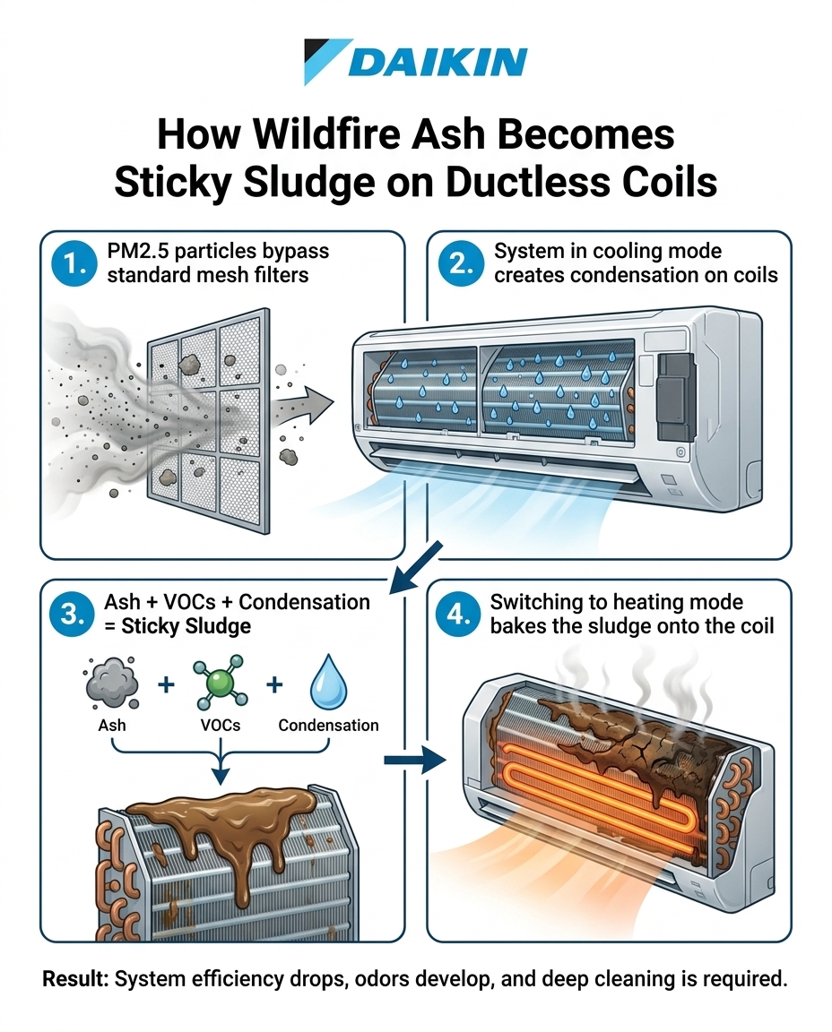 How Wildfire Ash Becomes Sticky Sludge on Ductless Coils