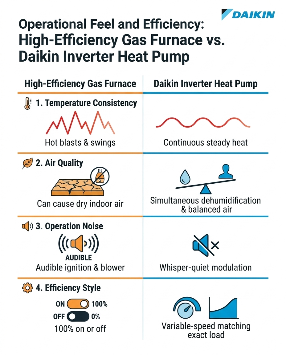 Operational Feel and Efficiency: High-Efficiency Gas Furnace vs. Daikin Inverter Heat Pump