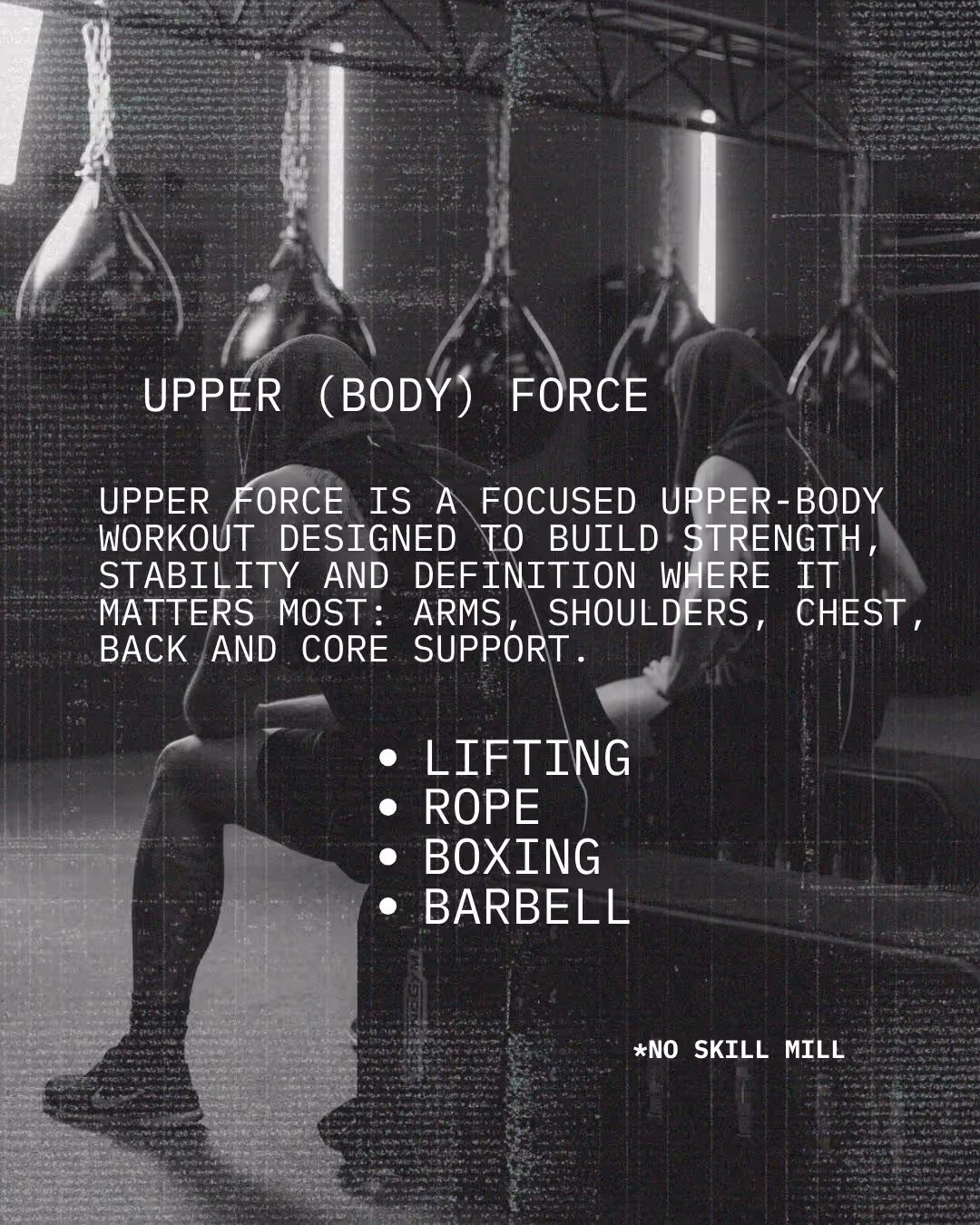 Schwarz/weiß Foto einer trainierenden Person mit Überschrift "Upper Body Force"