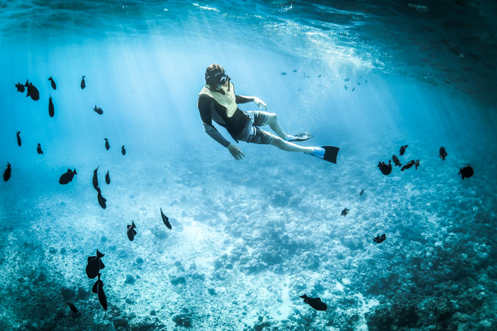 Person snorkelling in clear turquoise Mediterranean water near Coral Bay
