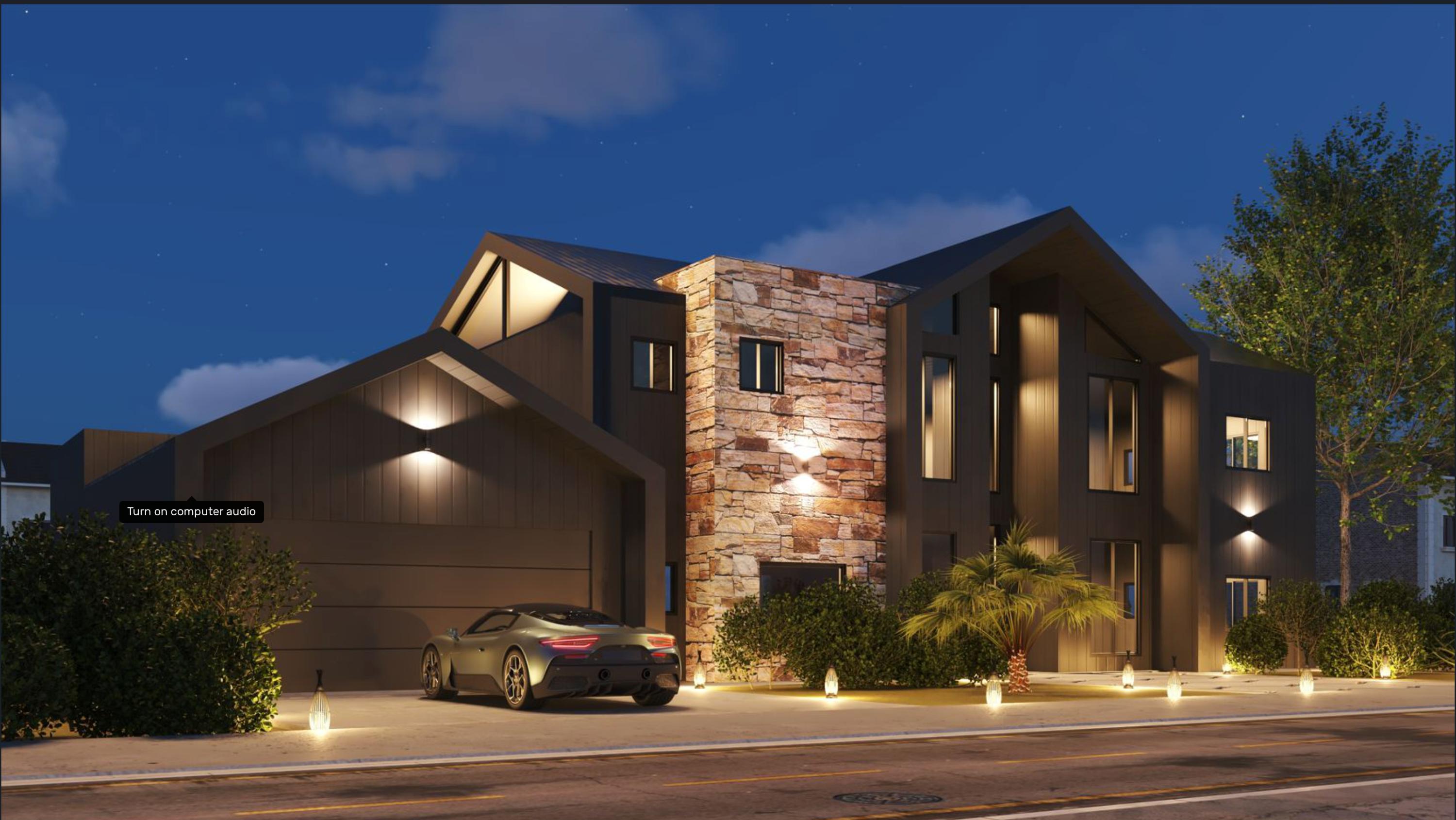 Modern gabled custom home at night