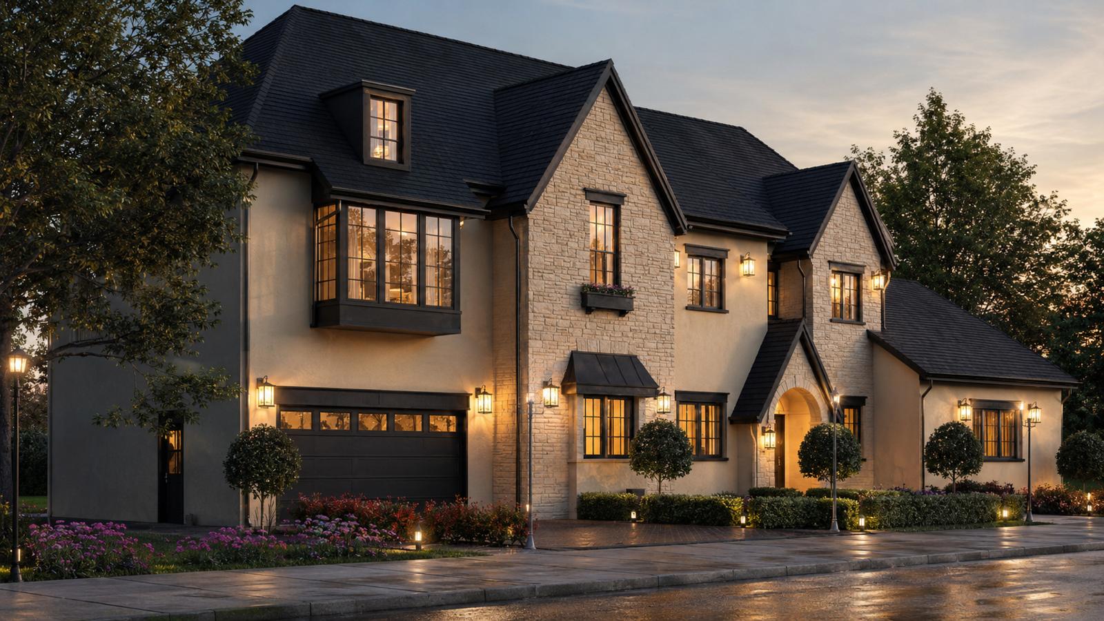Two-story stone and stucco custom home at dusk