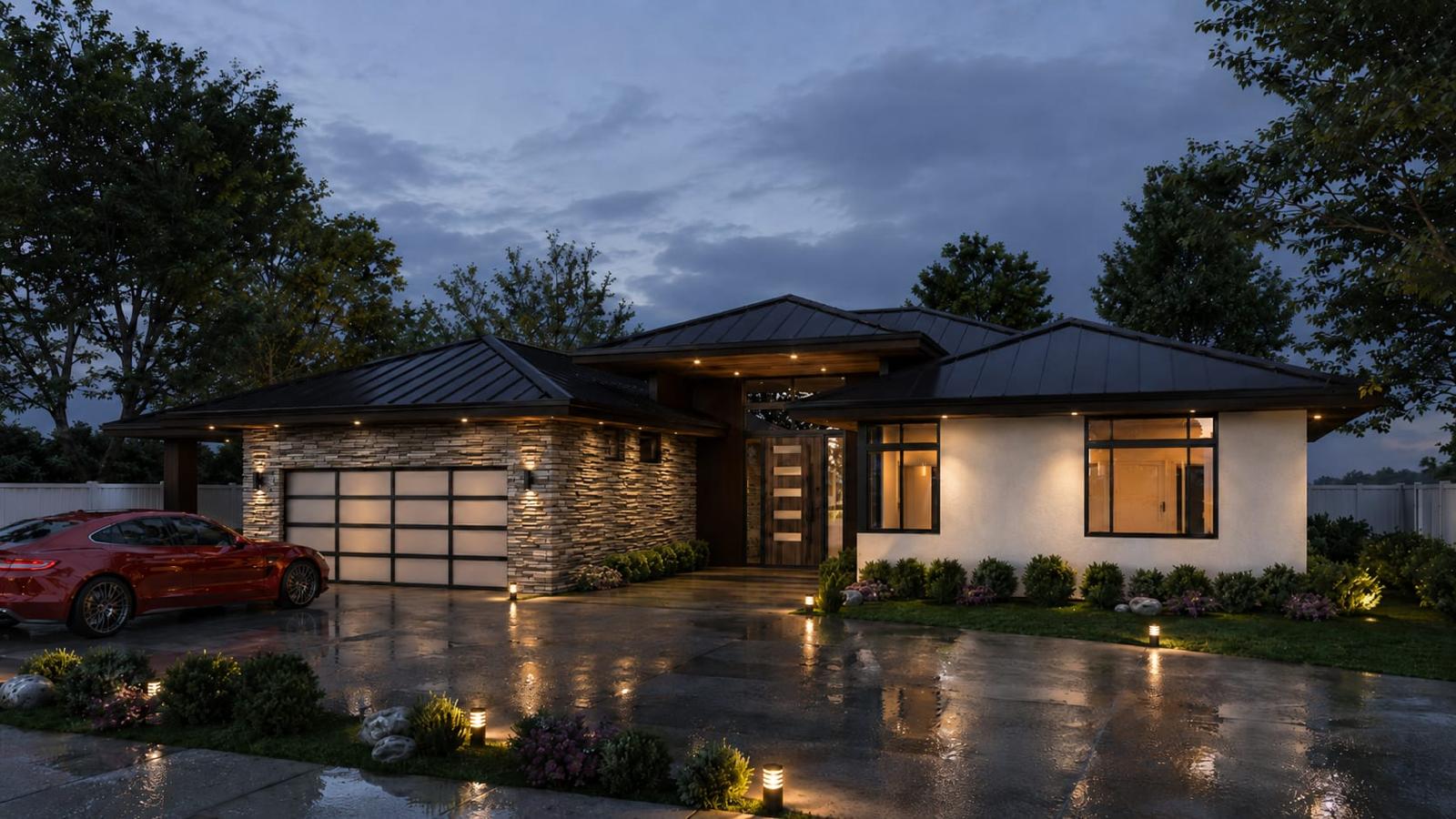 Luxury custom home exterior at dusk