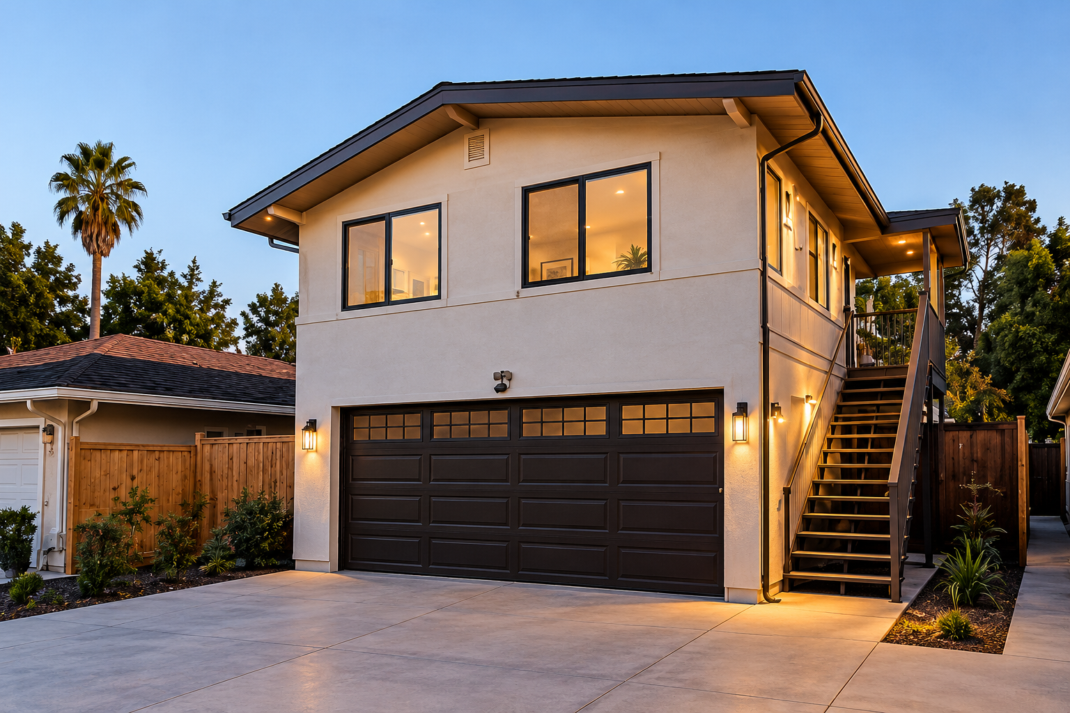 Living unit built above a two-car garage