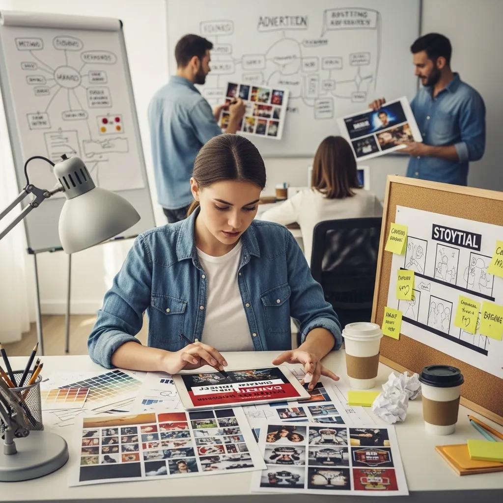 Designer illustrating core elements of creative advertising with digital tools and storyboards