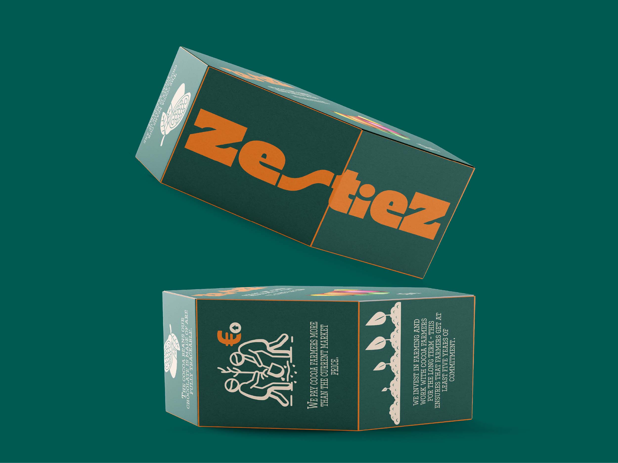 3D render of two rectangular ZestieZ boxes with logos and illustrations, floating on a green background.