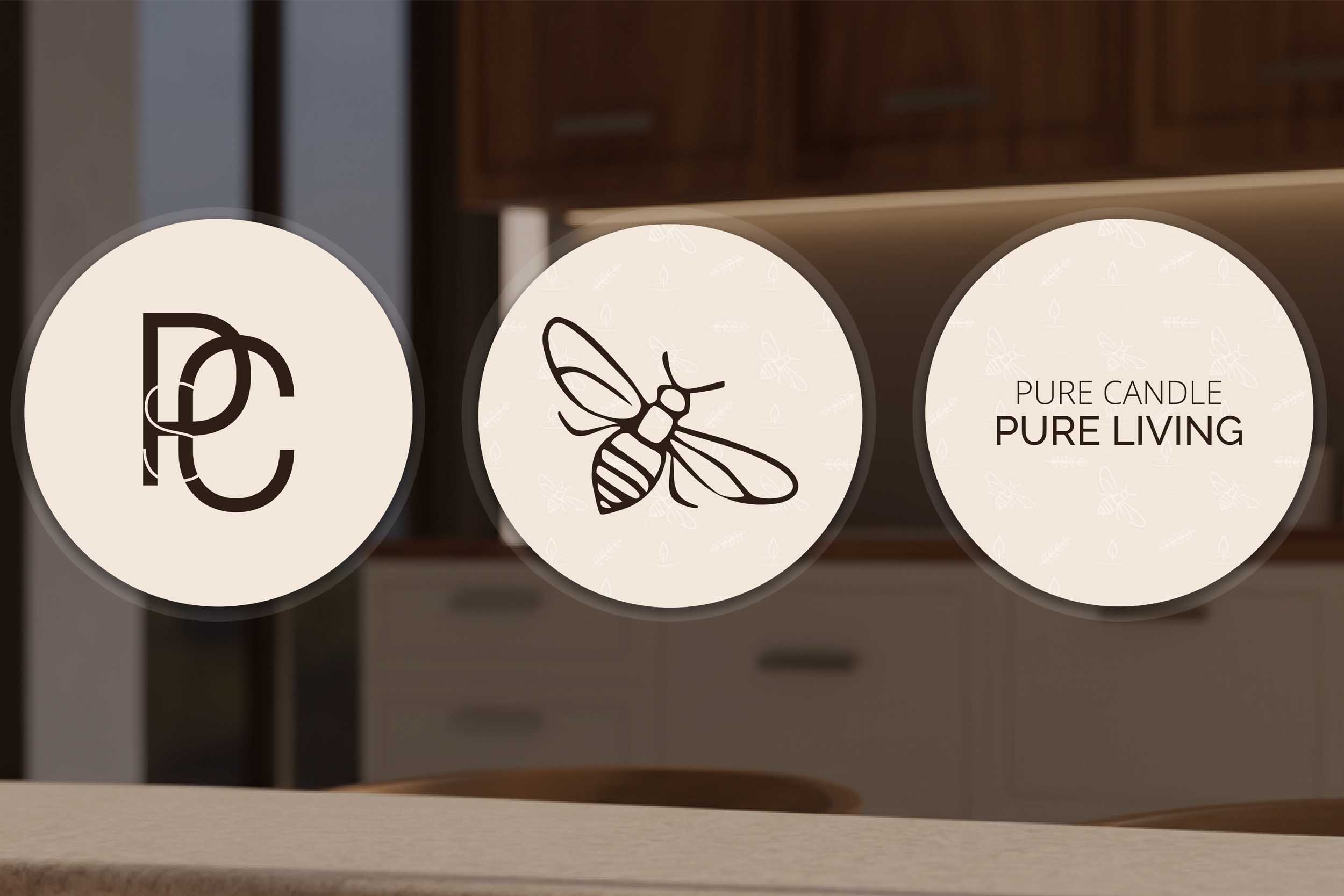 A hand holding a circular Pure Candles sticker, surrounded by various branded icons.