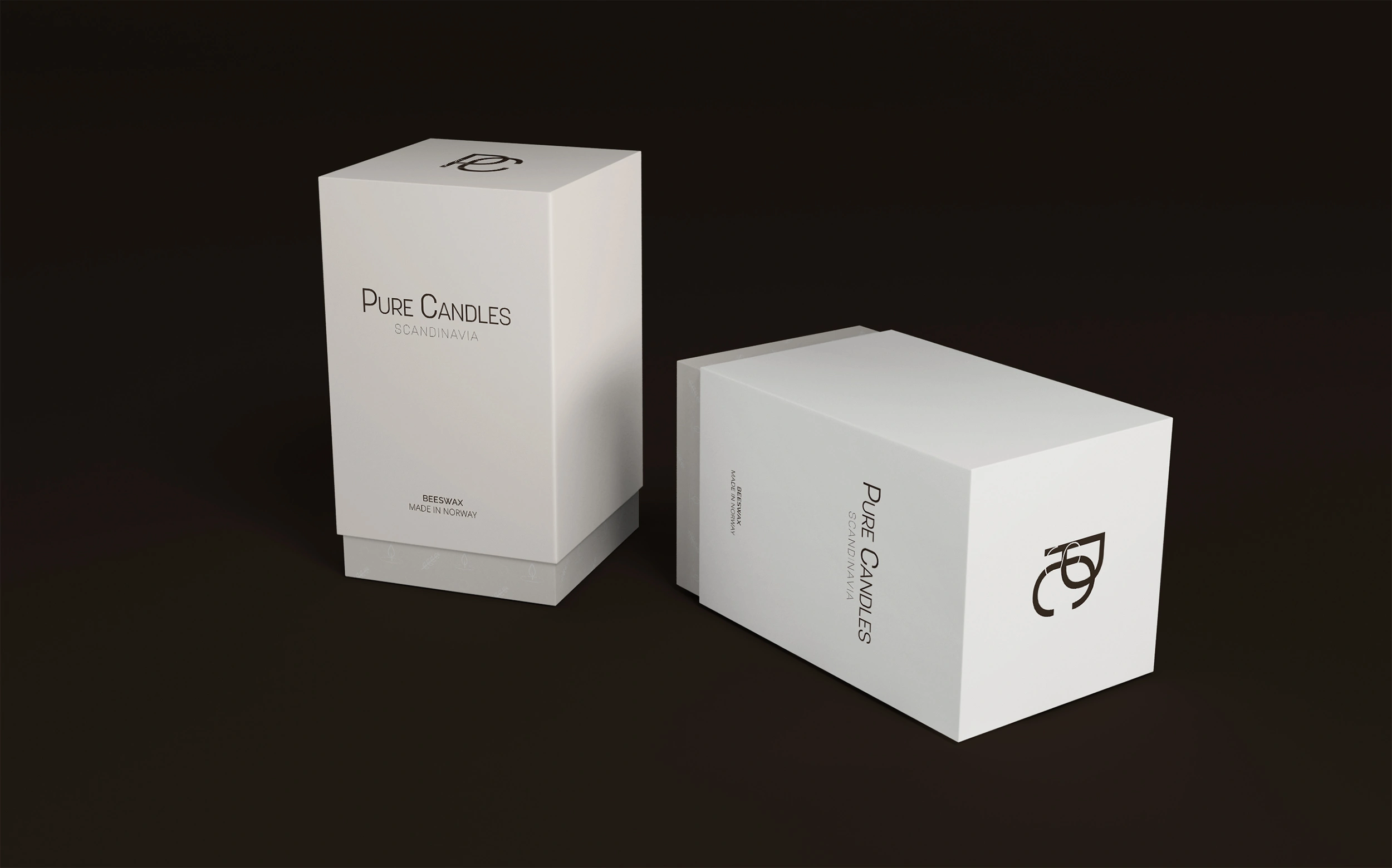 Two Pure Candles boxes are displayed against a dark brown background, one standing upright and one lying flat.