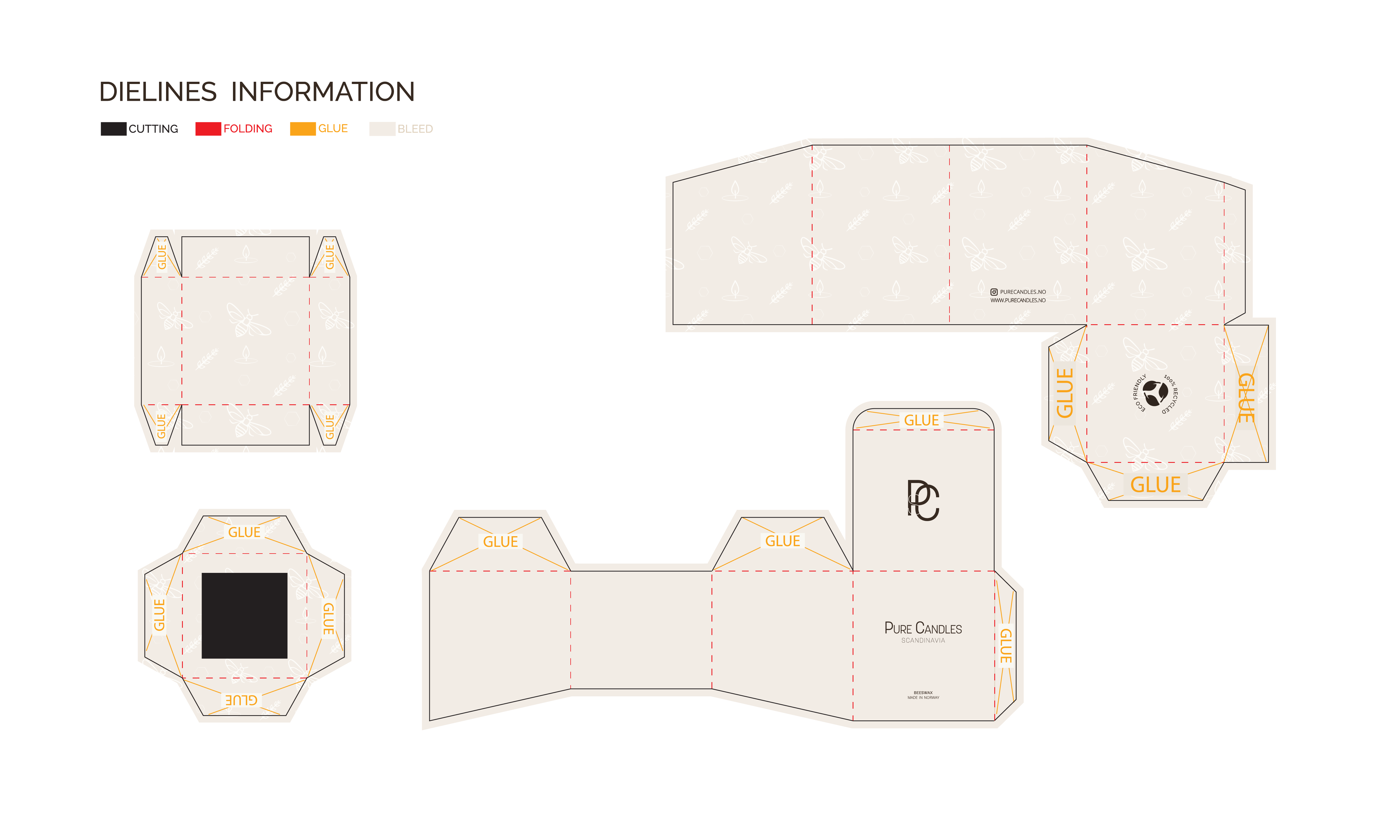 Flat dielines of the Pure Candles box system with glue tabs and fold lines marked in colour.