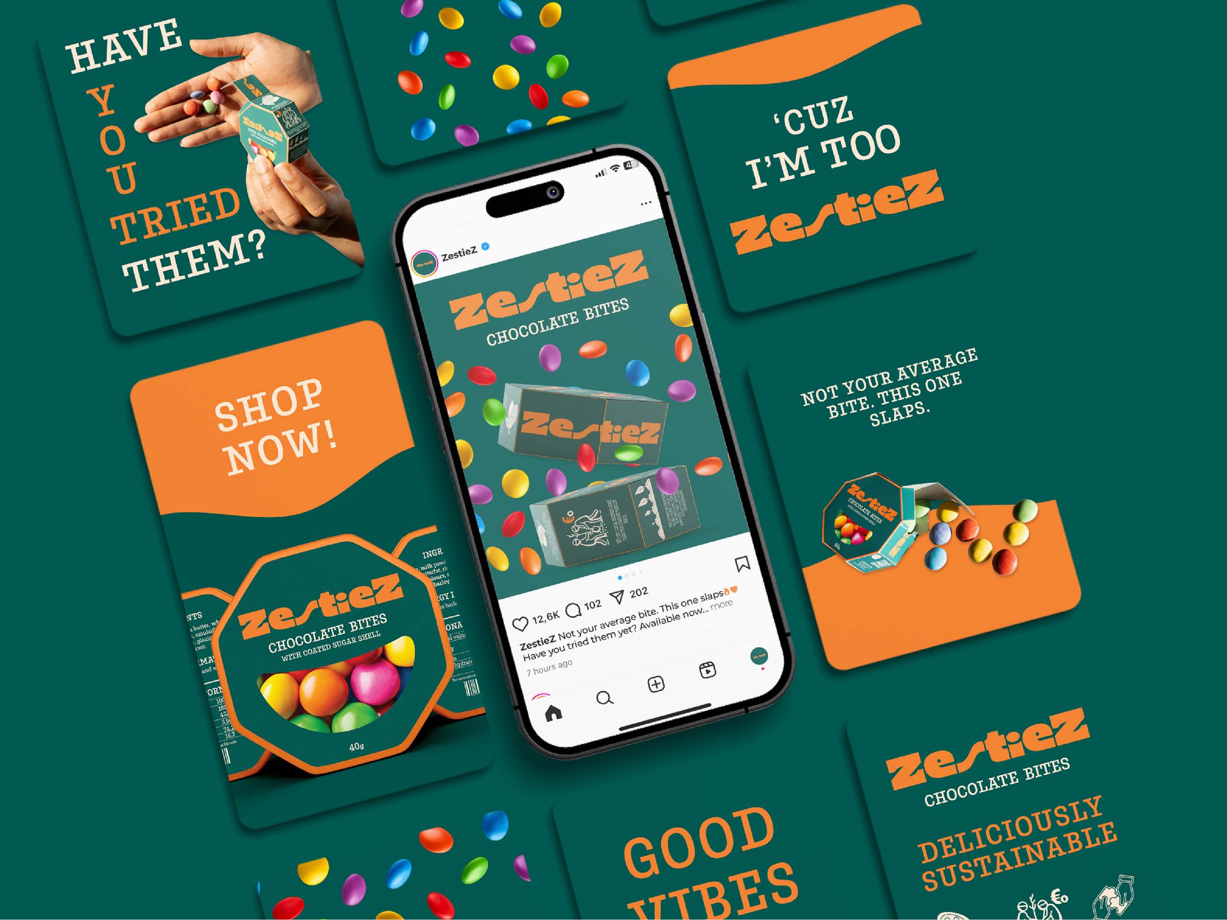 ZestieZ social media templates featuring bright packaging and Gen Z-style captions on a deep green background.