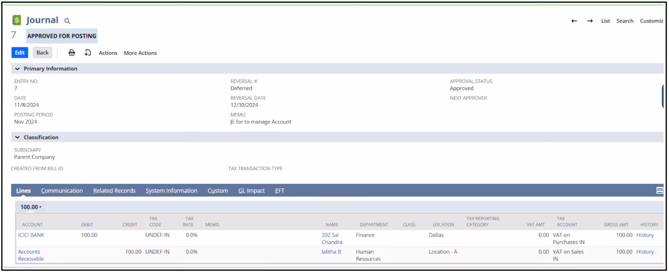 NetSuite journal entry