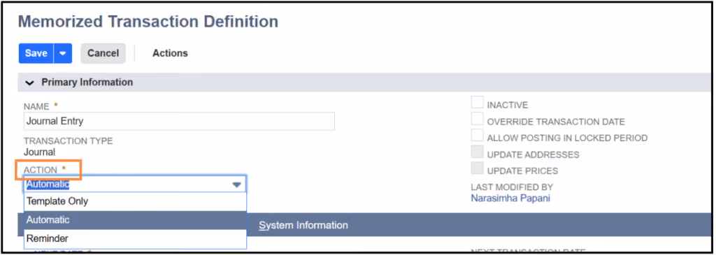 netsuite memorized transactions