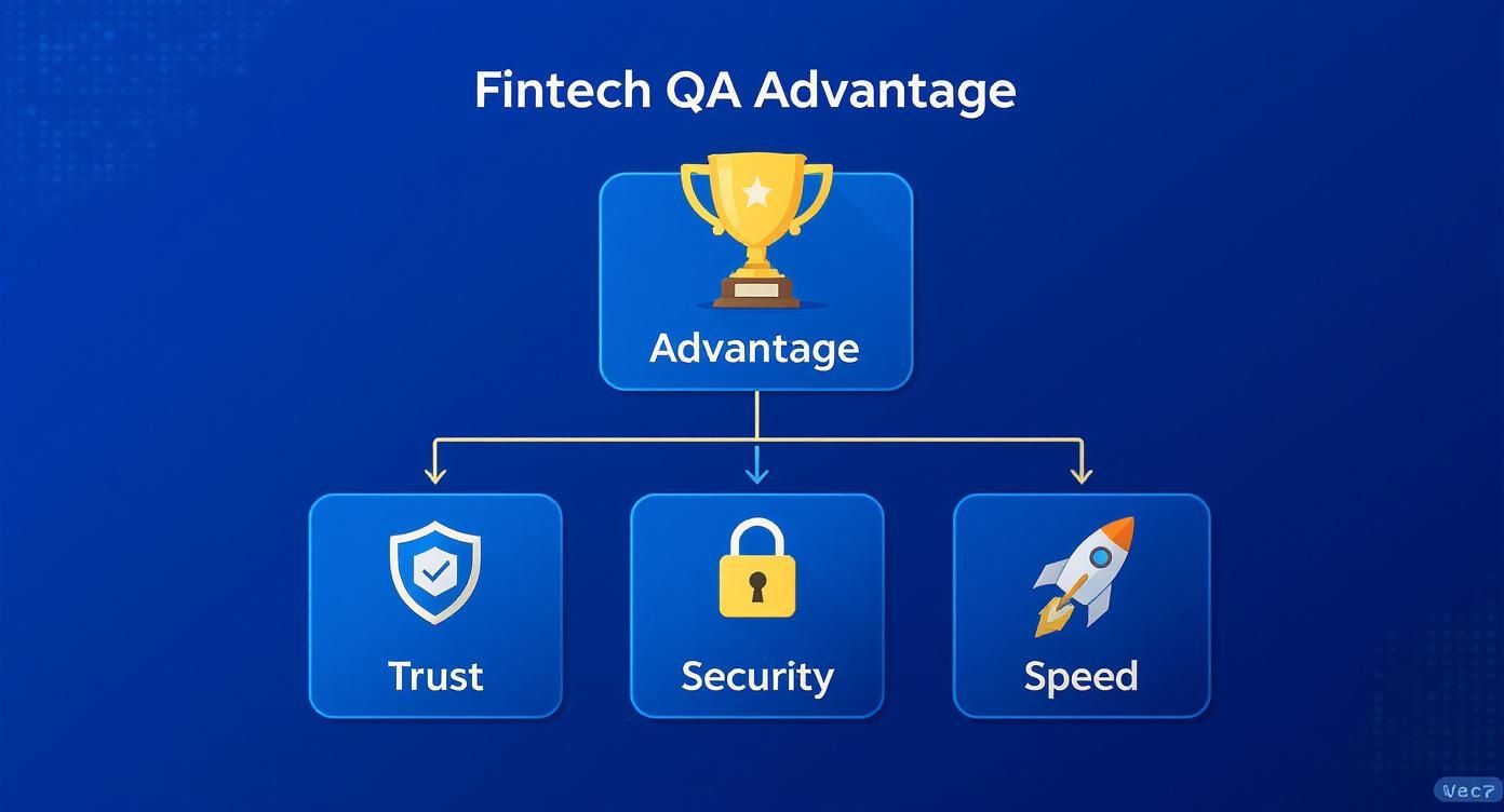 Diagram illustrating the Fintech QA advantage through key benefits: trust, security, and speed.