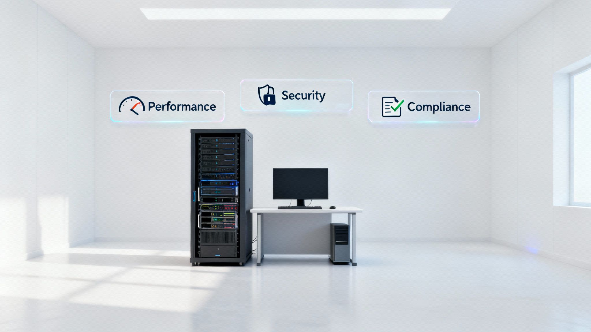A data center with a server rack, computer, and icons representing Performance, Security, and Compliance.