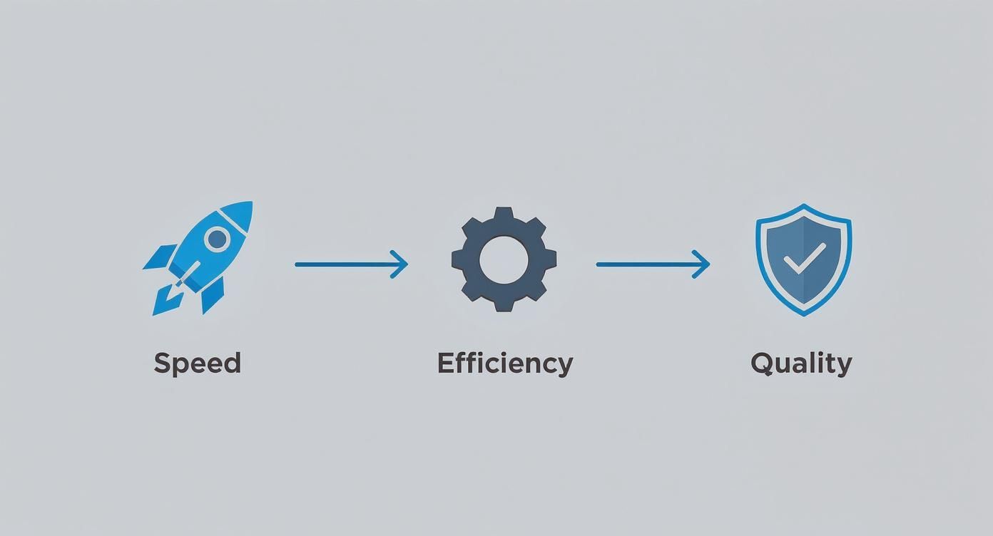 A visual diagram showing 'Speed' (rocket) leading to 'Efficiency' (gear) which leads to 'Quality' (shield with checkmark).