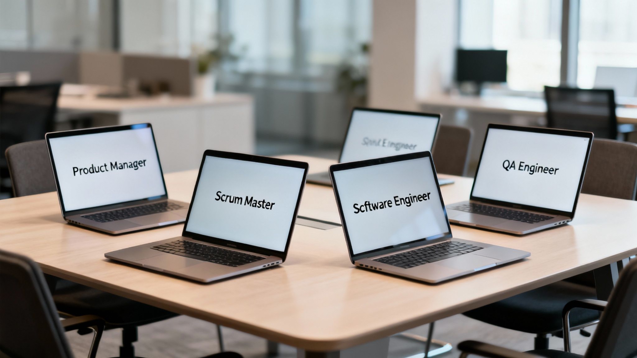 Laptops on an office table display various software project roles: Product Manager, Scrum Master, Software Engineer, QA Engineer.