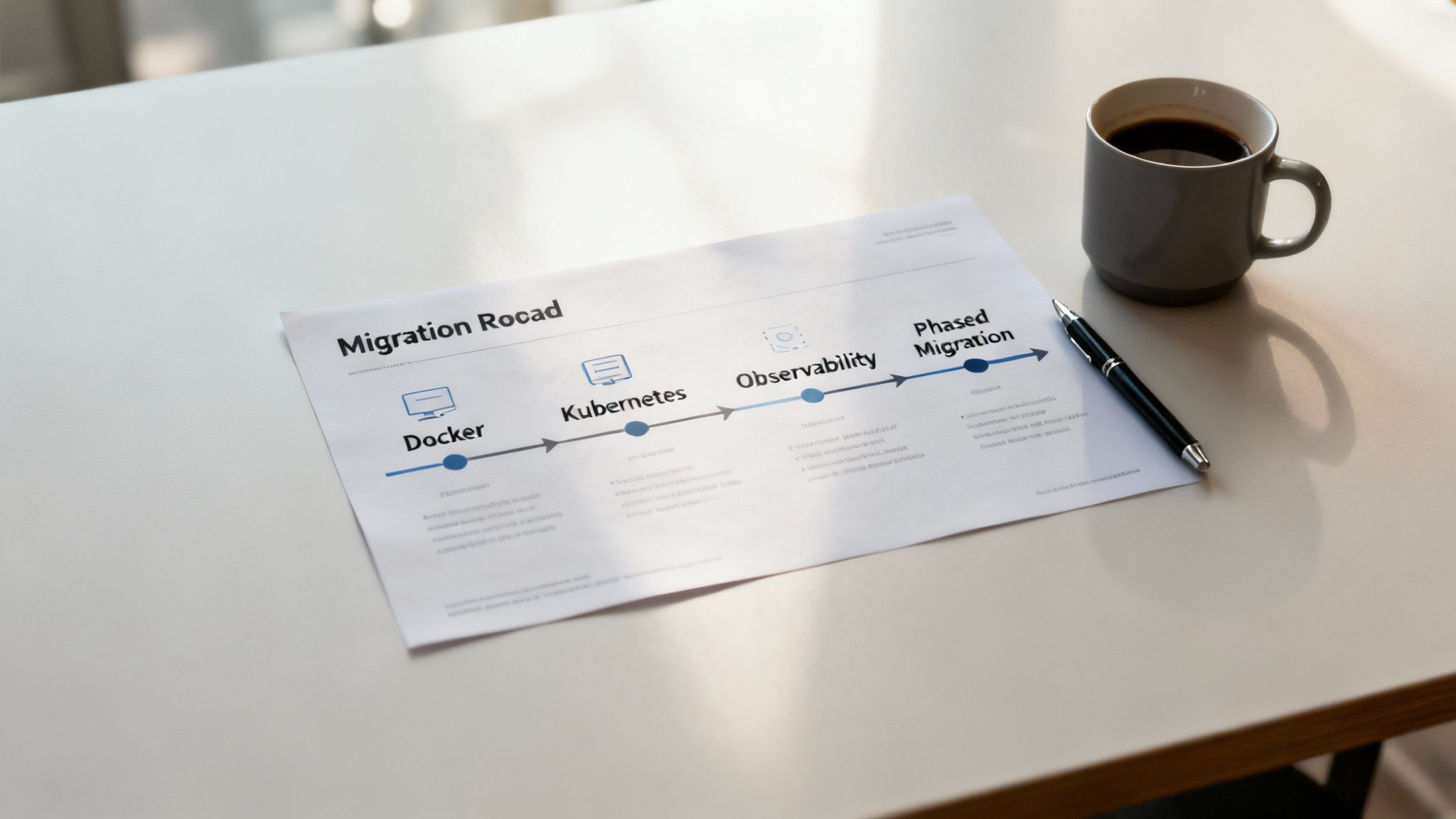 A document displaying a 'Migration Roadmap' with stages like Docker, Kubernetes, Observability, and Phased Migration, alongside a pen and coffee cup on a desk.