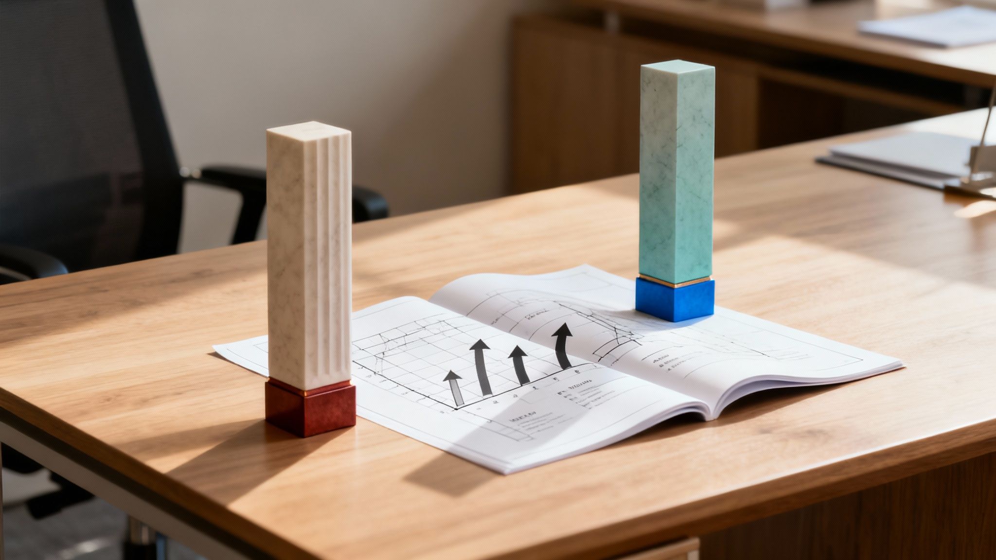 Two modern decorative pillars flank an open notebook displaying a growth graph on a wooden office desk.