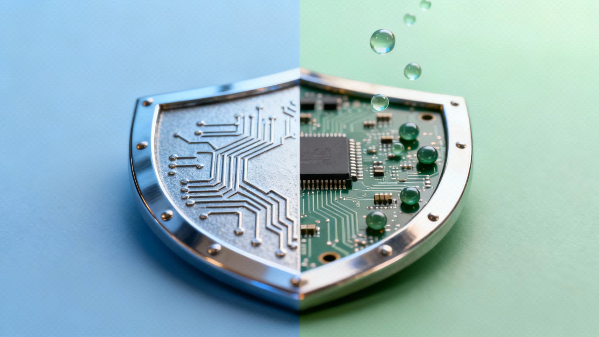 A metallic shield, split into a circuit board and etched wiring, with bubbles, symbolizing technology protection.