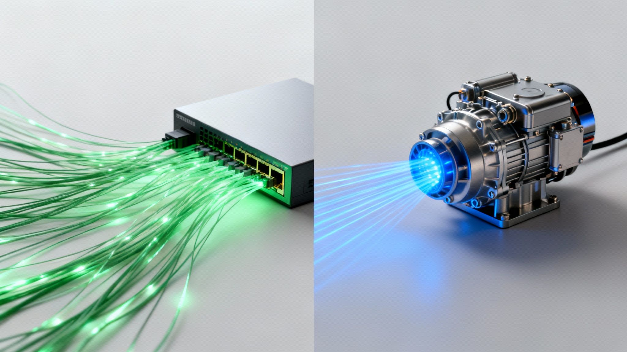 Modern technology concepts: optical fiber network switch with green lights and a machine with blue light beams.