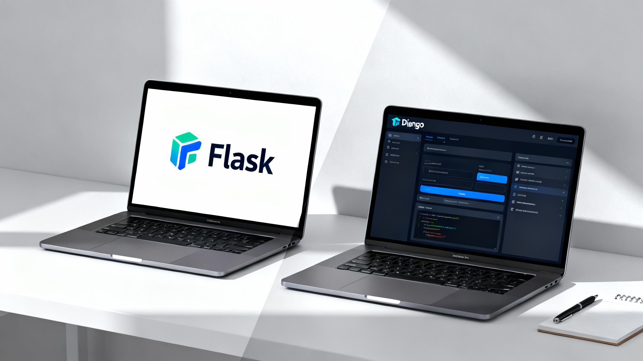 Two laptops showcasing Flask and Django web frameworks side-by-side on a white desk.