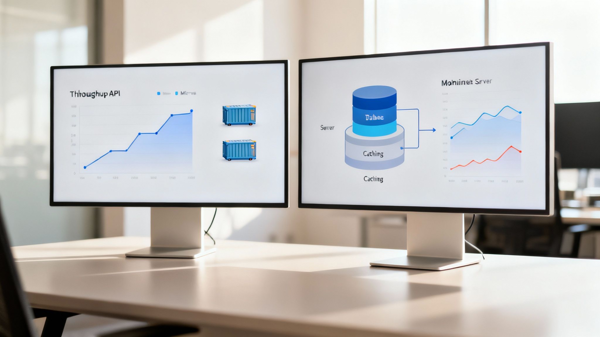 Two computer monitors on an office desk display data graphs, server diagrams, and container icons.