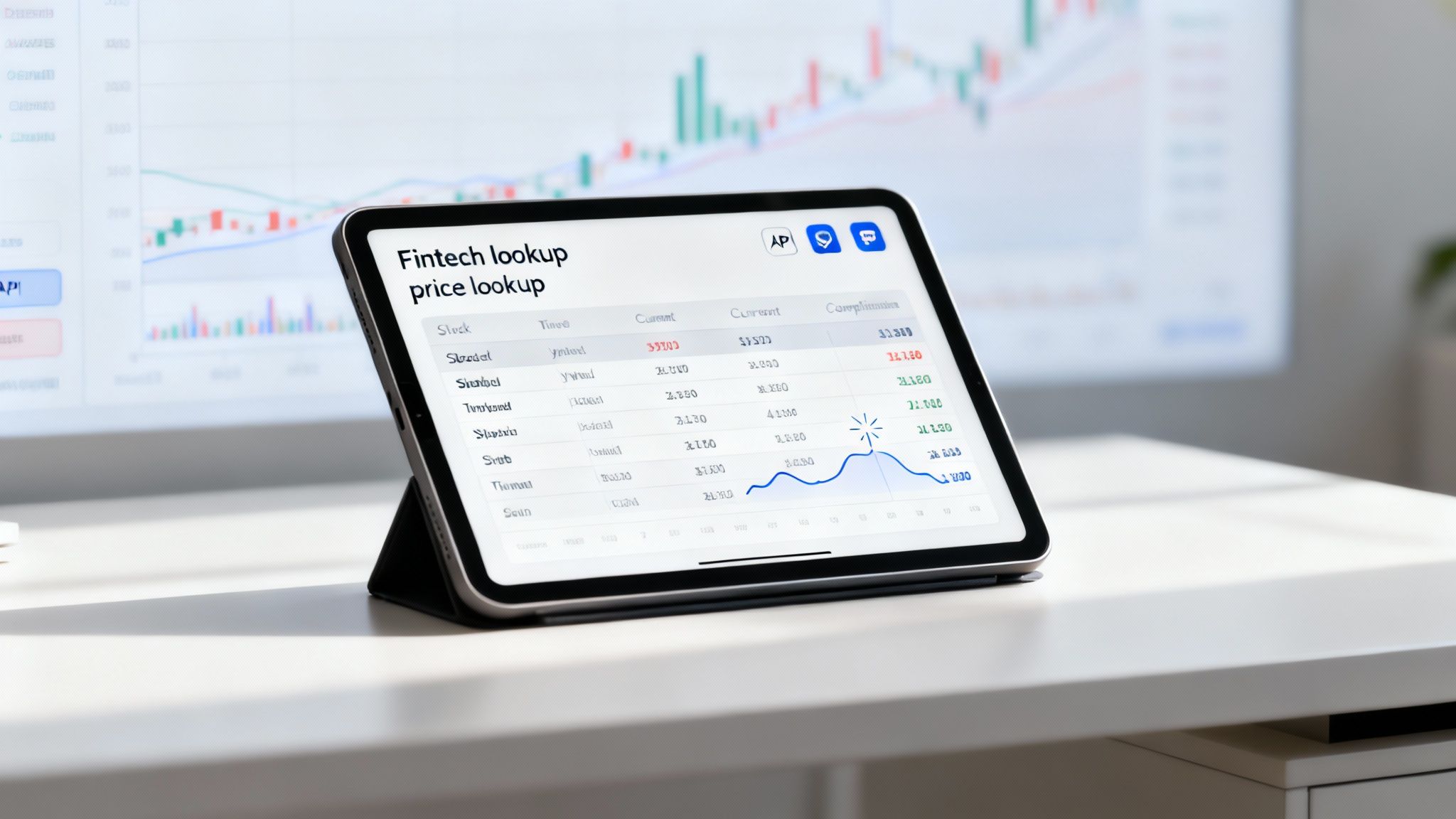 A tablet on a clean desk displays a fintech price lookup app with charts, with a larger monitor in the background.
