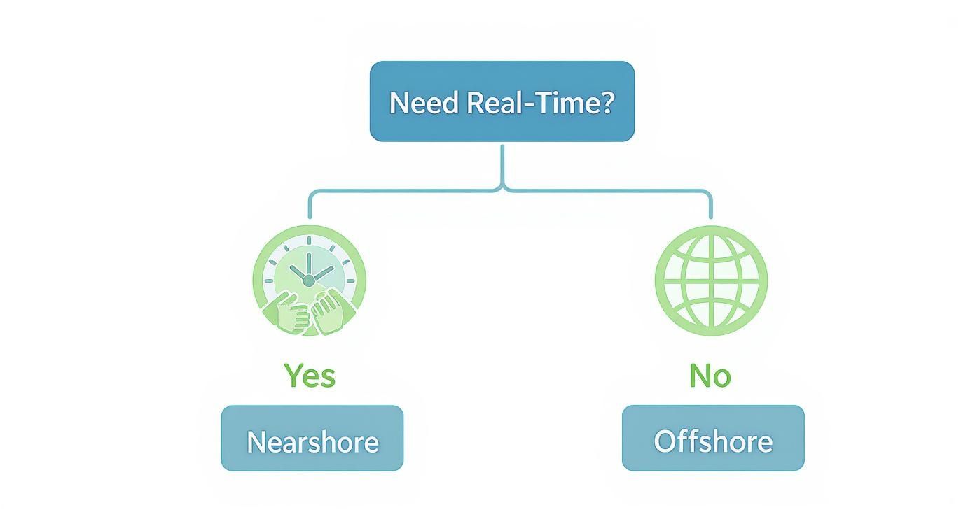 Flowchart depicting a decision for development based on real-time needs: Nearshore for Yes, Offshore for No.