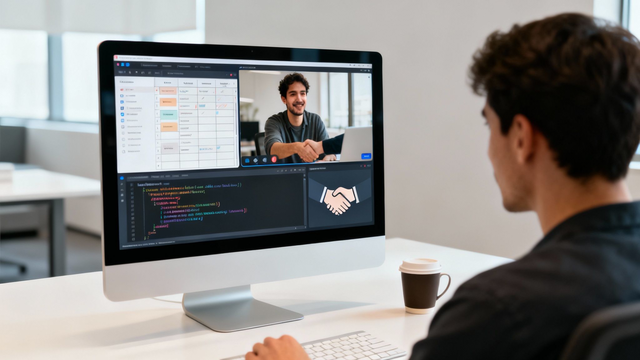 A person viewing a video call with a handshake, code, and a dashboard on a computer.