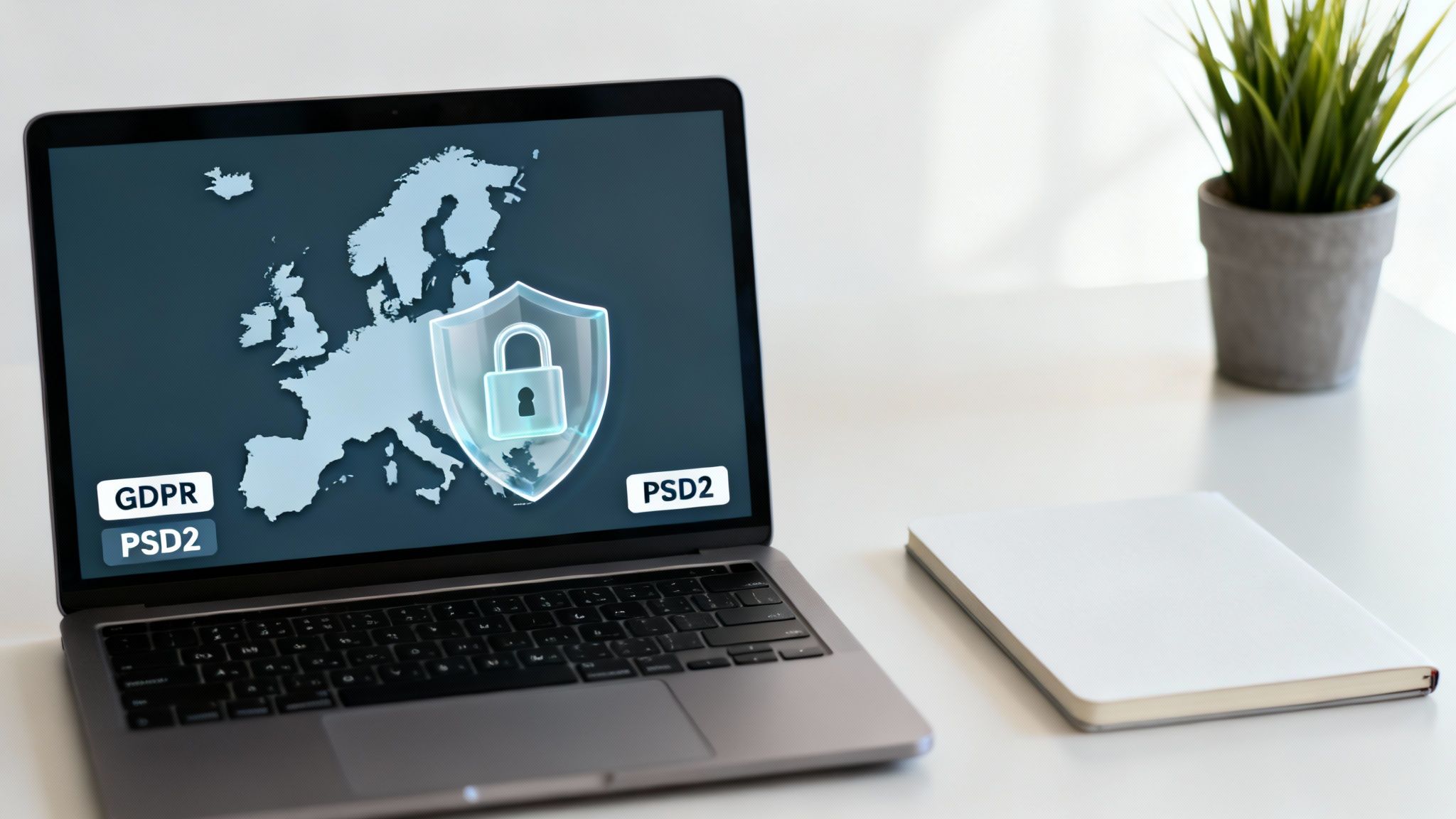 Laptop screen displays Europe map with GDPR and PSD2 regulations for data protection.
