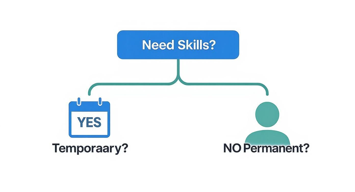 A blue flowchart asking 'Need Skills?', branching to a calendar icon for 'Temporary?' and a person icon for 'NO Permanent?'.