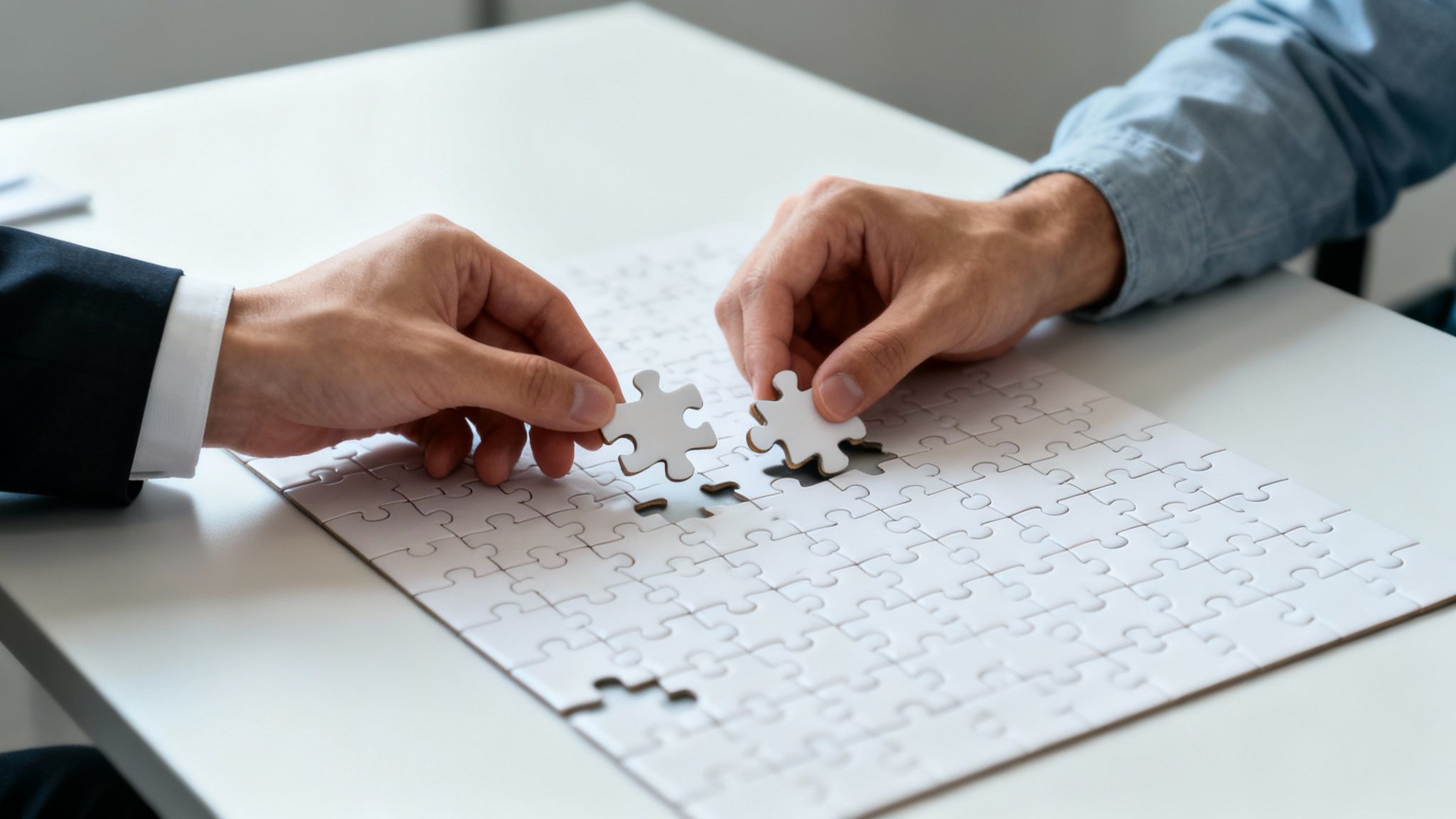 Two hands connecting puzzle pieces on a white table, symbolizing collaboration and partnership.
