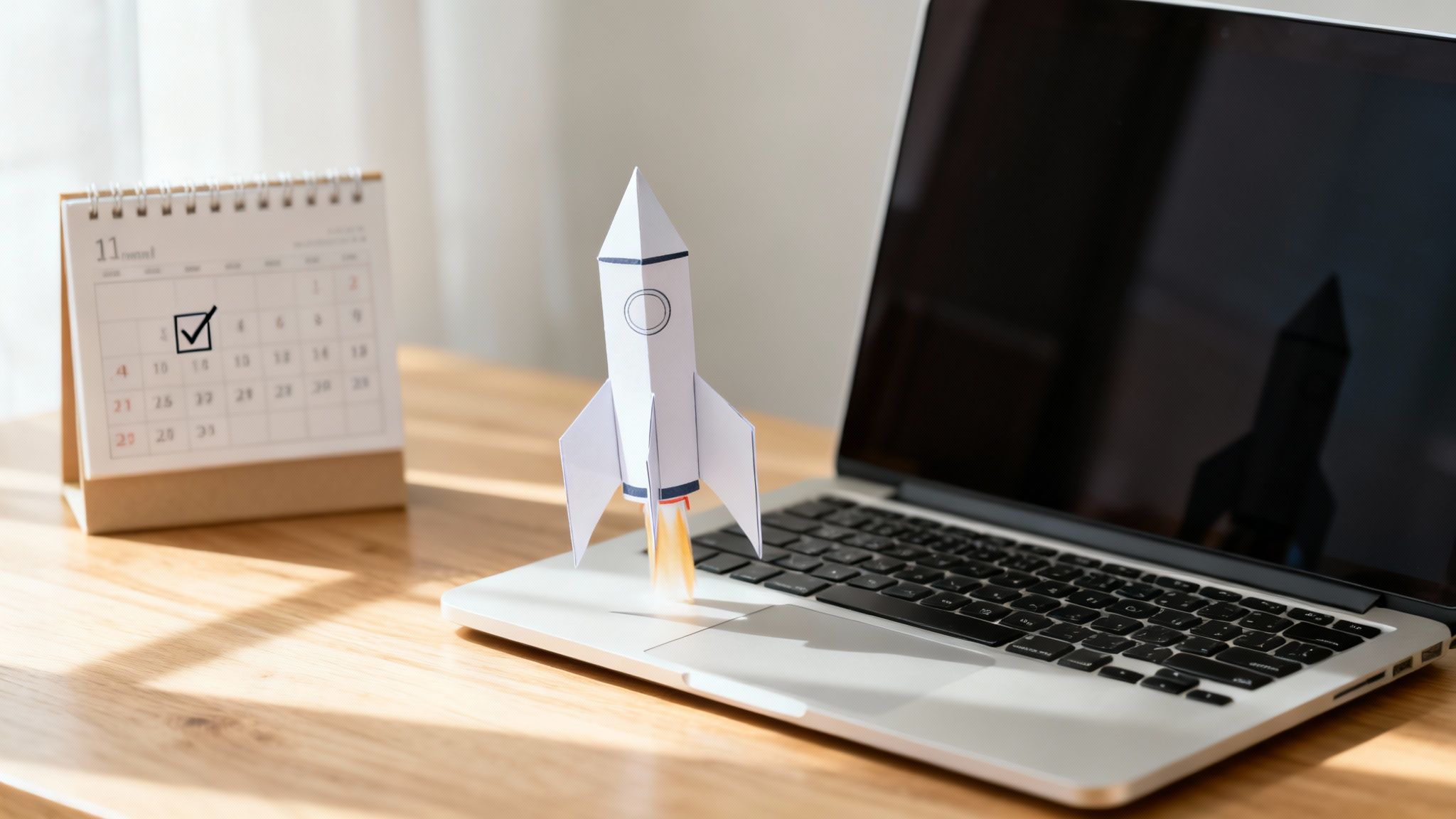 A paper rocket model launching from a laptop keyboard with a calendar showing a checked date in the background, symbolizing project launch.