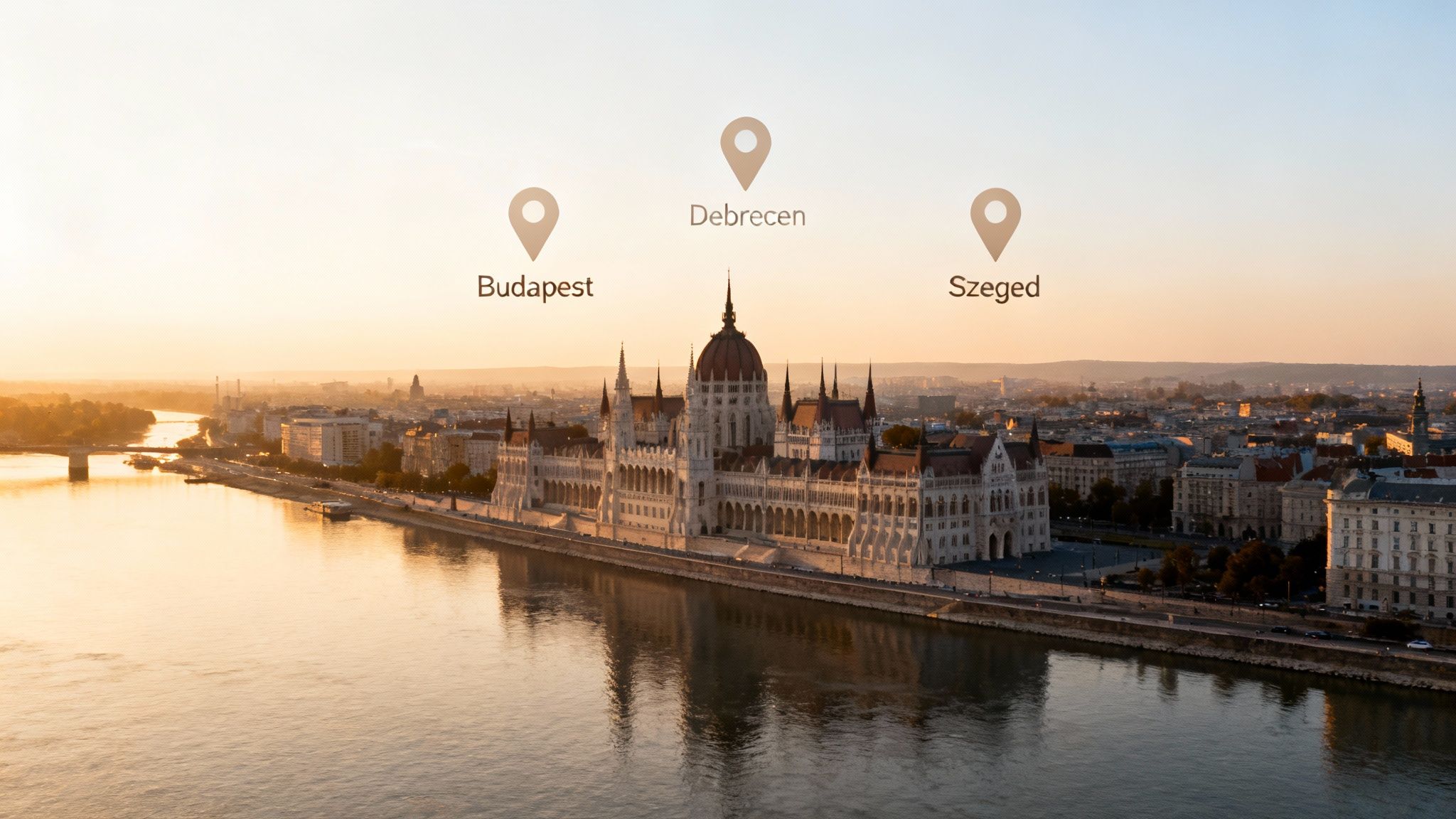 Sunset aerial view of the Hungarian Parliament Building in Budapest by the Danube River, with major cities marked.
